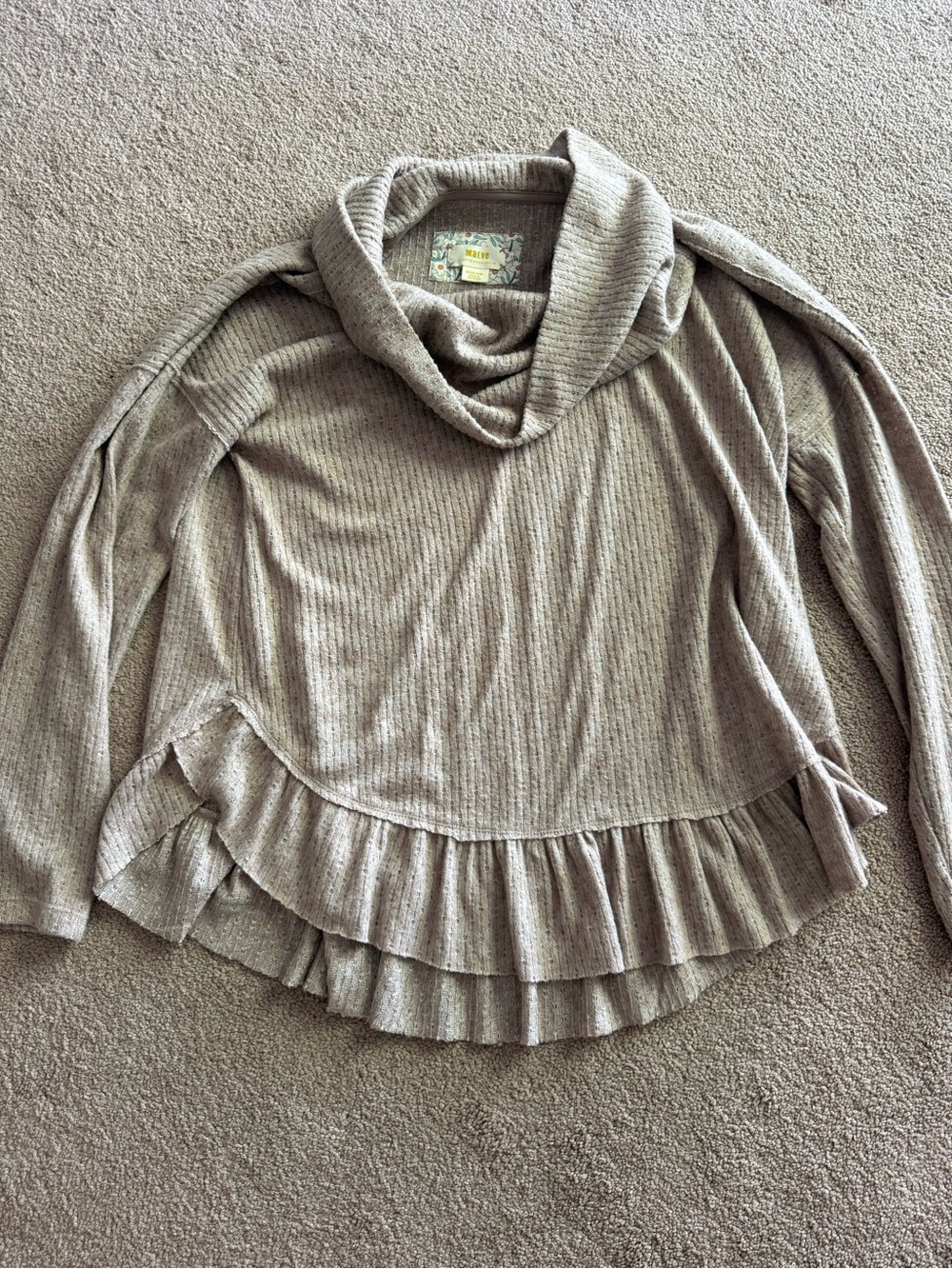 Anthropologie Taupe Ruffle-Hem Cowl Neck Sweater
